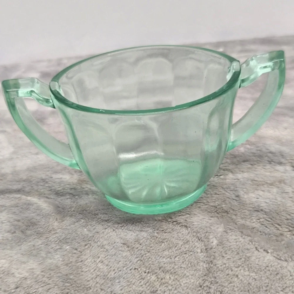 Vintage Green Uranium Glass Sugar Bowl Paneled Double Handle Starburst Base